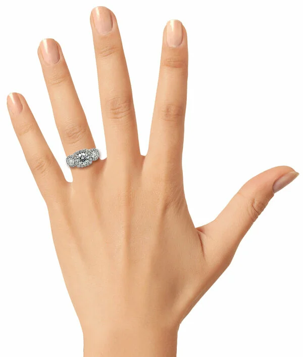 Three Stone Diamond Ring with Halo Custom Engagement Rings 3