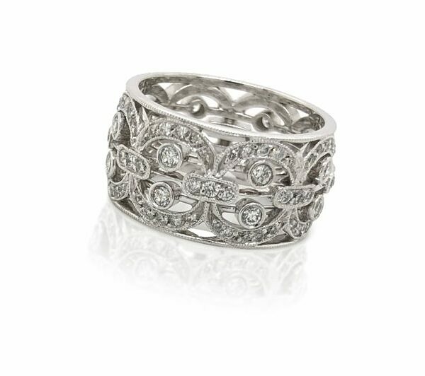 Platinum and Diamond Wide Band Featuring Delicate Openwork in a Buckle Motif Women's Wedding Bands