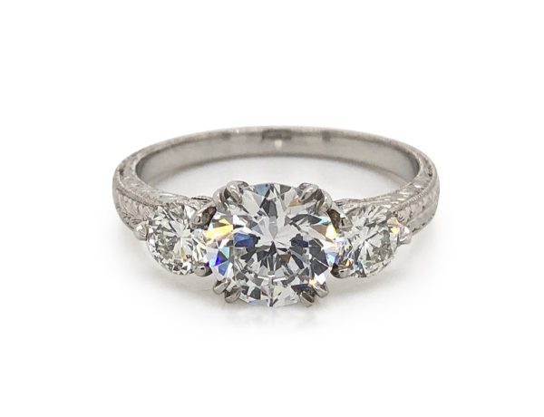 Round Three Stone Ring with Engraved Band Custom Engagement Rings 3