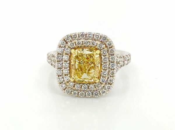 Fancy Yellow Cushion Diamond Double Halo Ring Engagement Rings 2