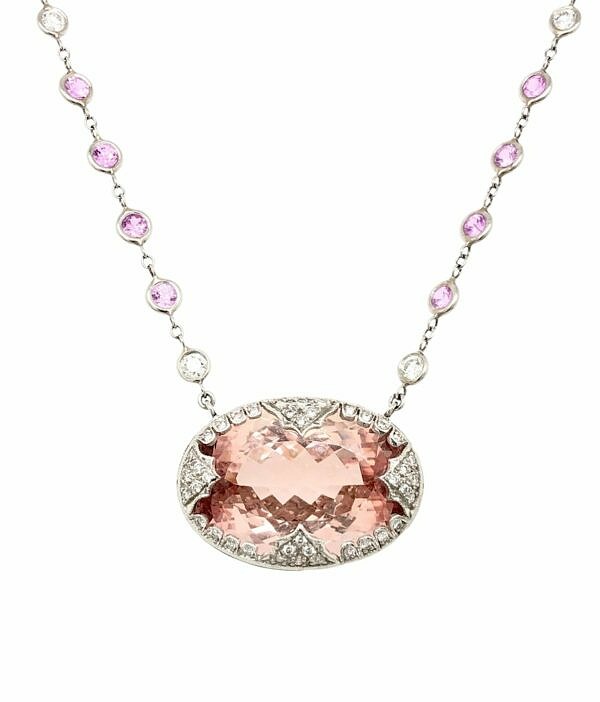 Morganite Pendant Surrounded by Delicate Filigree Lace Diamond Frame Necklaces