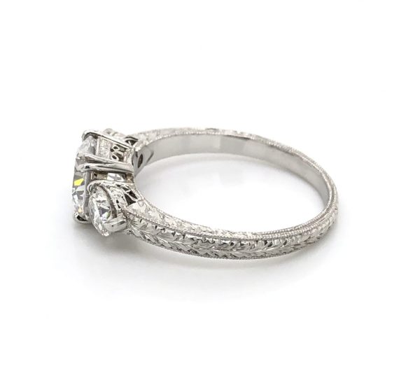 Round Three Stone Ring with Engraved Band Custom Engagement Rings 4