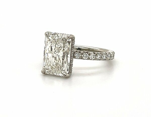 Radiant-Cut Engagement Ring with Diamond Band and Hidden Halo Engagement Rings