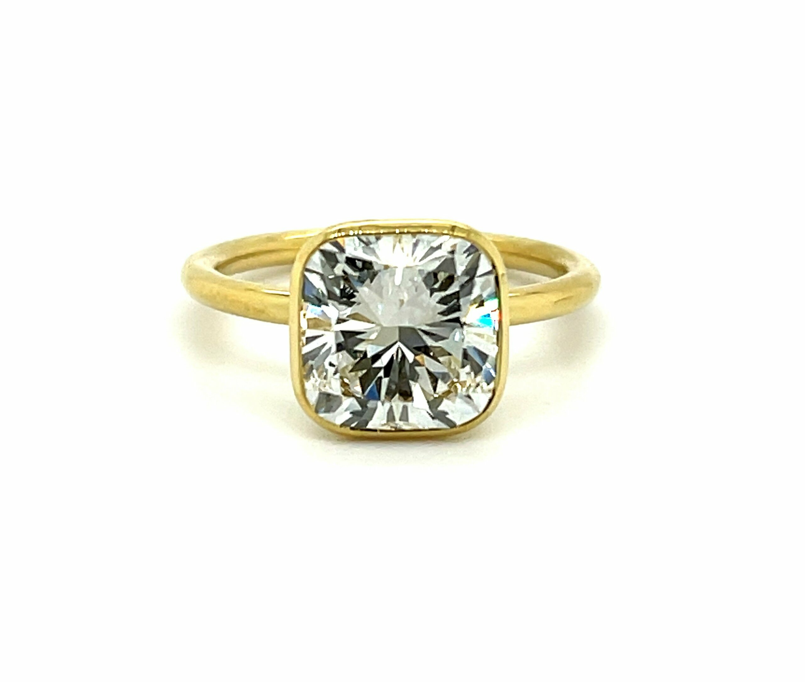 Bezel Set Cushion Cut Diamond Engagement Ring in Yellow Gold