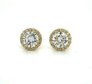 Round Diamond Studs with Halos in Yellow Gold Earrings