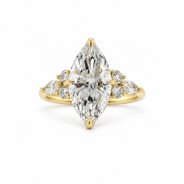 Yellow Gold Marquise Engagement Ring with Marquise and Round Side Stones Custom Engagement Rings 3