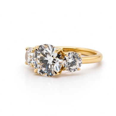 Three-Stone Round Diamond Ring in Yellow Gold with Petal Prongs Custom Engagement Rings