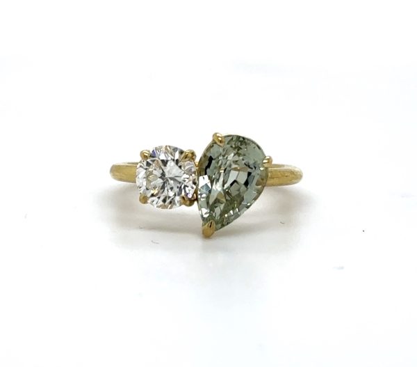 Two-Stone Diamond and Green Sapphire Ring in Yellow Gold (Toi et Moi) Custom Engagement Rings 3