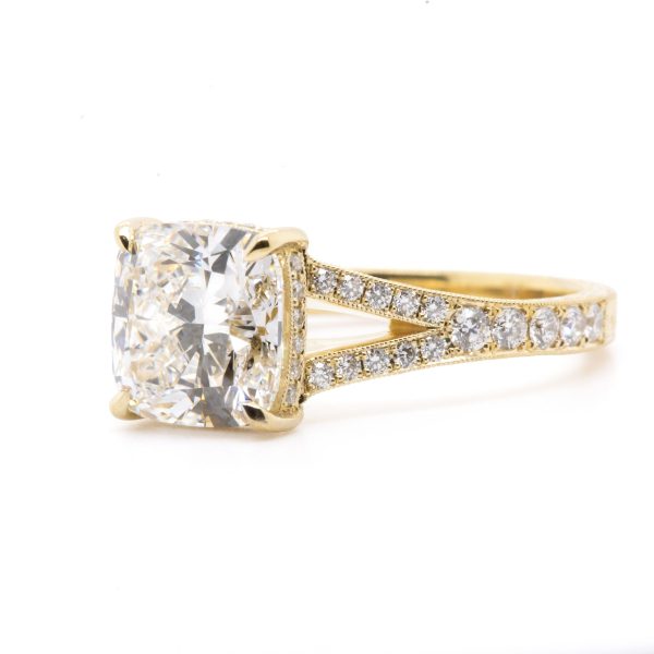 Cushion Cut Diamond Split Shank Ring with Engraved Band Custom Engagement Rings 4