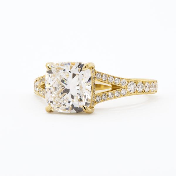 Cushion Cut Diamond Split Shank Ring with Engraved Band Custom Engagement Rings 3