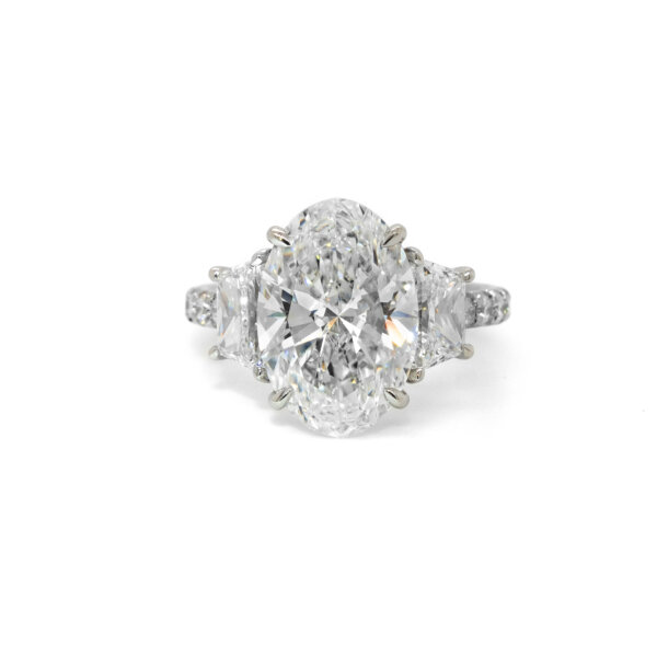 Three Stone Oval Diamond Ring with Trapezoids and Diamond Band Custom Engagement Rings 3