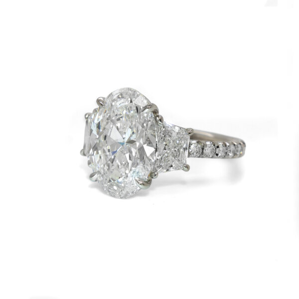 Three Stone Oval Diamond Ring with Trapezoids and Diamond Band Custom Engagement Rings