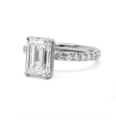 Emerald-Cut Diamond Engagement Ring with Diamond Band and Hidden Halo Natural Mined Diamond Engagement Rings