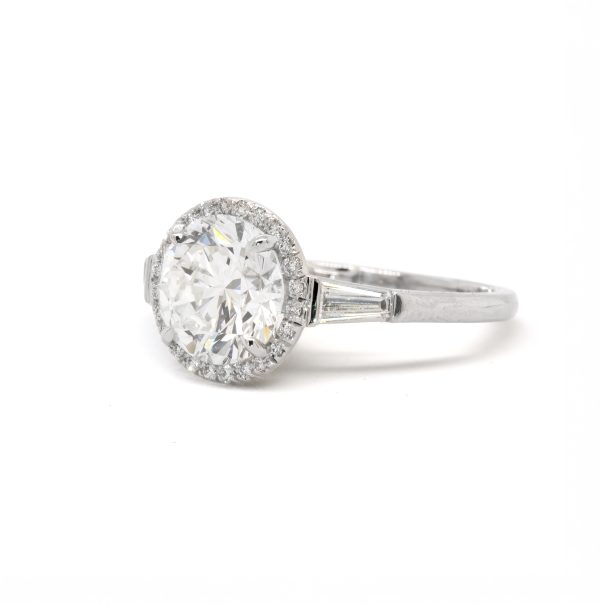 Round Brilliant Diamond Ring with Halo and Tapered Baguettes Custom Engagement Rings
