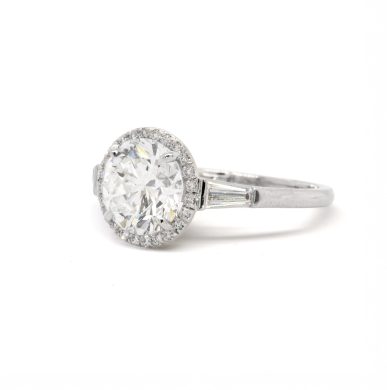 Round Brilliant Diamond Ring with Halo and Tapered Baguettes Custom Engagement Rings