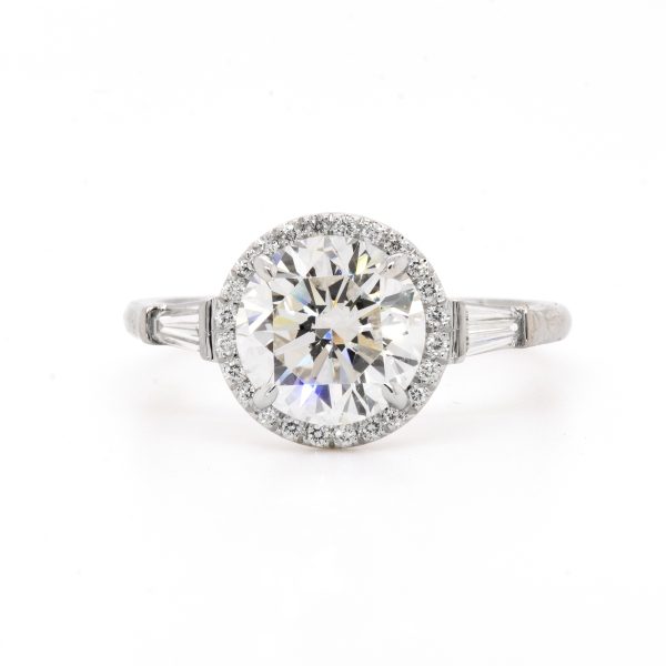 Round Brilliant Diamond Ring with Halo and Tapered Baguettes Custom Engagement Rings 2