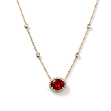 East-West Oval Ruby and Diamond Halo Necklace in 18k Yellow Gold Custom Jewelry 2