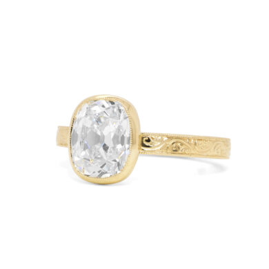 Bezel-Set Cushion-Cut Diamond Ring with Engraved Band Custom Engagement Rings