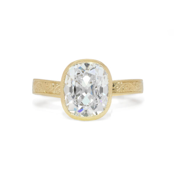 Bezel-Set Cushion-Cut Diamond Ring with Engraved Band Custom Engagement Rings 3