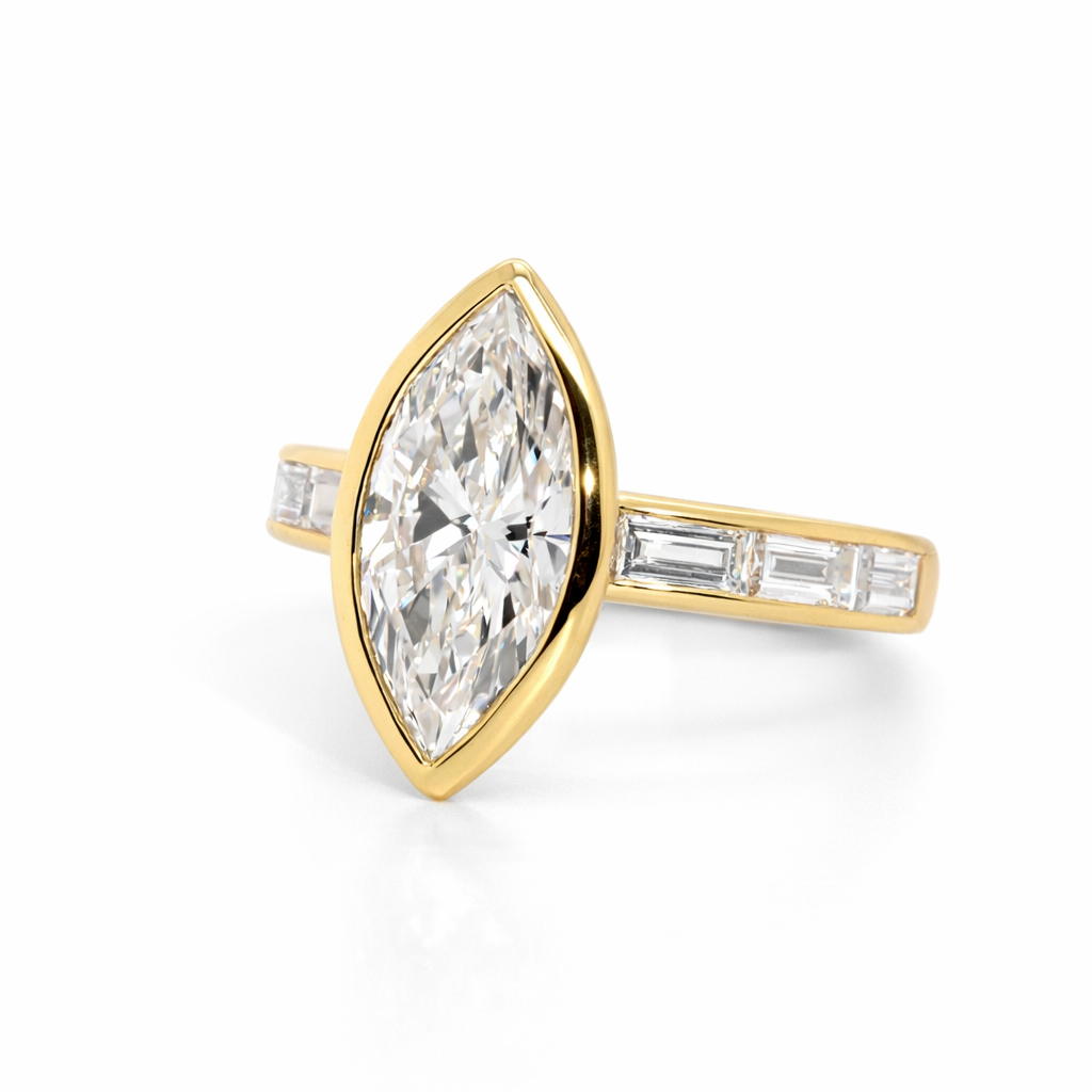 Peter Norman Marquise cut 2 carat Bezel-Set Marquise Diamond Engagement Ring with Diamond Baguette Band