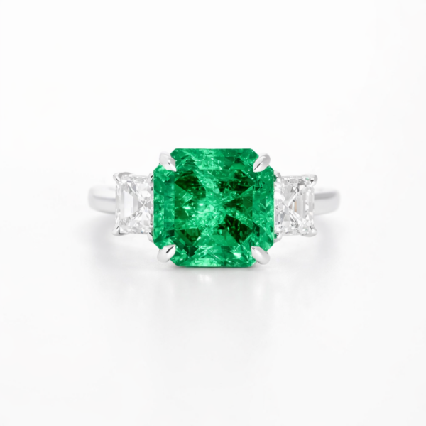 Three Stone Cushion-Cut Emerald and Diamond Ring Custom Jewelry 3