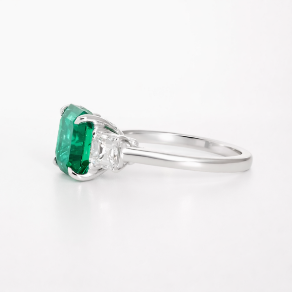 Three Stone Cushion-Cut Emerald and Diamond Ring Custom Jewelry 4