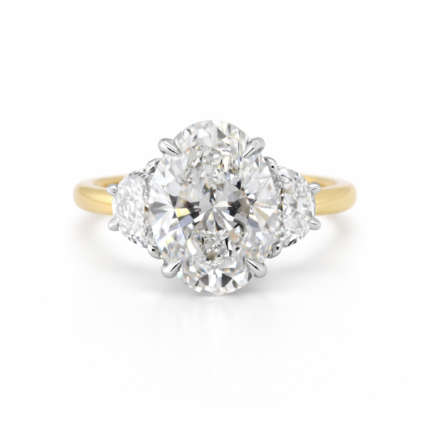 Two-tone Oval-Cut Diamond Three Stone Ring with Half Moons Custom Engagement Rings 3