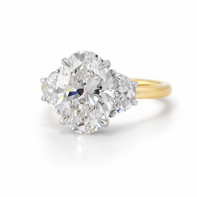 Two-tone Oval-Cut Diamond Three Stone Ring with Half Moons Custom Engagement Rings