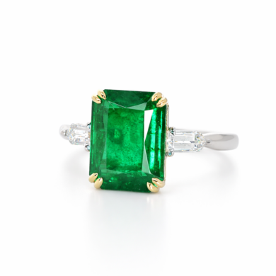 Two-Tone Emerald Engagement Ring with Bullet Diamond Side Stones Custom Jewelry