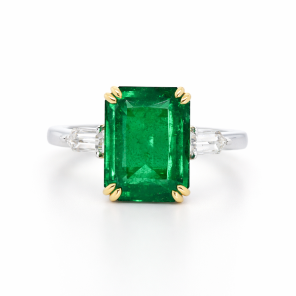 Two-Tone Emerald Engagement Ring with Bullet Diamond Side Stones Custom Jewelry 3