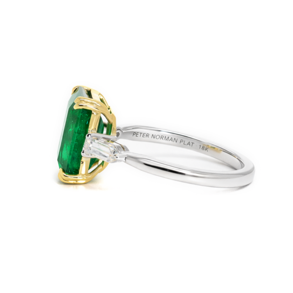 Two-Tone Emerald Engagement Ring with Bullet Diamond Side Stones Custom Jewelry 4