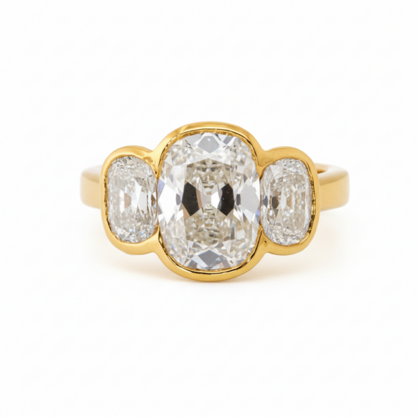 Bezel-Set Three Stone Old Mine Cushion Engagement Ring Custom Engagement Rings 3