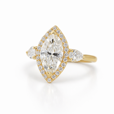 Marquise-Cut Diamond with Halo and Pear Side Stones Custom Engagement Rings