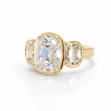 Bezel-Set Elongated Antique Cushion-Cut Three-Stone Ring Custom Engagement Rings
