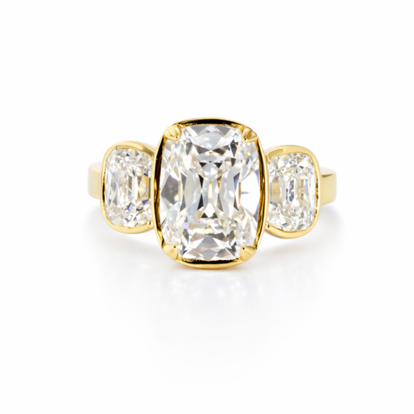 Bezel-Set Elongated Antique Cushion-Cut Three-Stone Ring Custom Engagement Rings 3