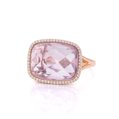 Checkerboard-Cut Amethyst Ring with Diamond Halo in Rose Gold Fine Colored Gemstone Rings