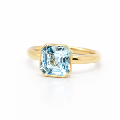 Bezel Set Asscher Aquamarine in Yellow Gold Custom Jewelry