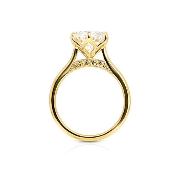 Oval Cut Diamond Ring with Floral Prongs and Engraved Bridge Custom Engagement Rings 5