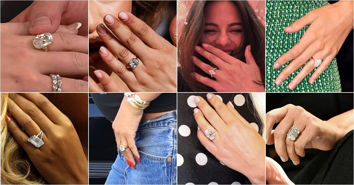 Collage of eight celebrity engagement rings including Taylor Swift, Zendaya, Selena Gomez, Hailey Bieber, Beyonce, Rihanna, Lady Gaga and Kim Kardashian