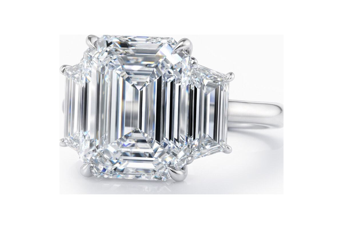 Peter Norman Emerald-Cut Diamond Engagement Ring with Trapezoid Side Stones