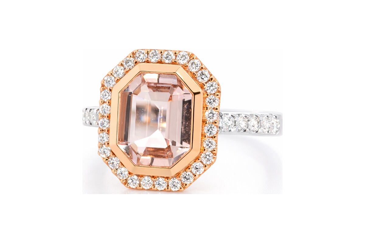 Peter Norman Emerald-Cut Morganite in Rose Gold Bezel with Diamond Halo