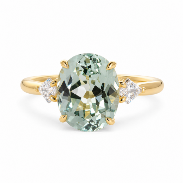 Oval Green Sapphire Ring with Kite Diamond Side Stones Custom Engagement Rings 3