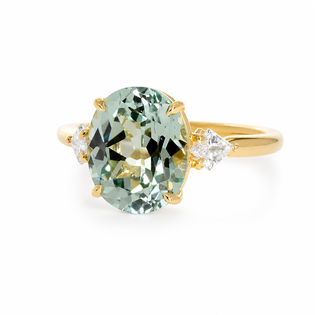 Oval Green Sapphire Ring with Kite Diamond Side Stones Custom Engagement Rings