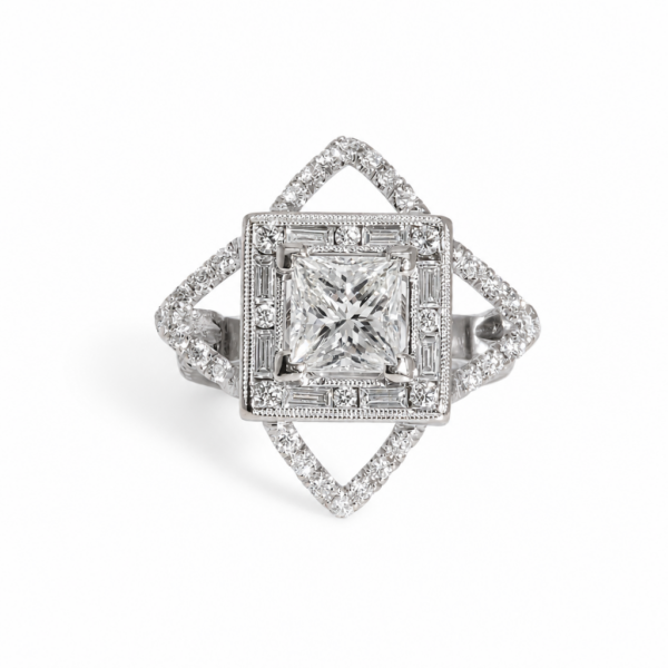Princess-Cut Diamond Engagement Ring in Platinum with Baguette and Round Diamond Frame and Pavé Diamond Starburst Halo Custom Jewelry 3