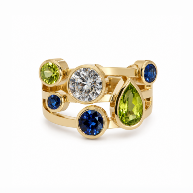 Custom Multi-Stone Bezel-Set Ring in 18k Yellow Gold with Open Triple Band Custom Jewelry