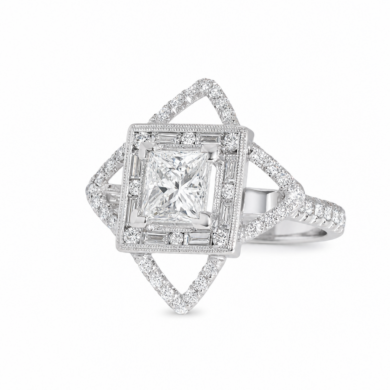 Princess-Cut Diamond Engagement Ring in Platinum with Baguette and Round Diamond Frame and Pavé Diamond Starburst Halo Custom Jewelry