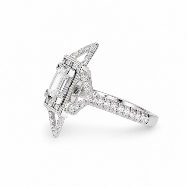 Princess-Cut Diamond Engagement Ring in Platinum with Baguette and Round Diamond Frame and Pavé Diamond Starburst Halo Custom Jewelry 4