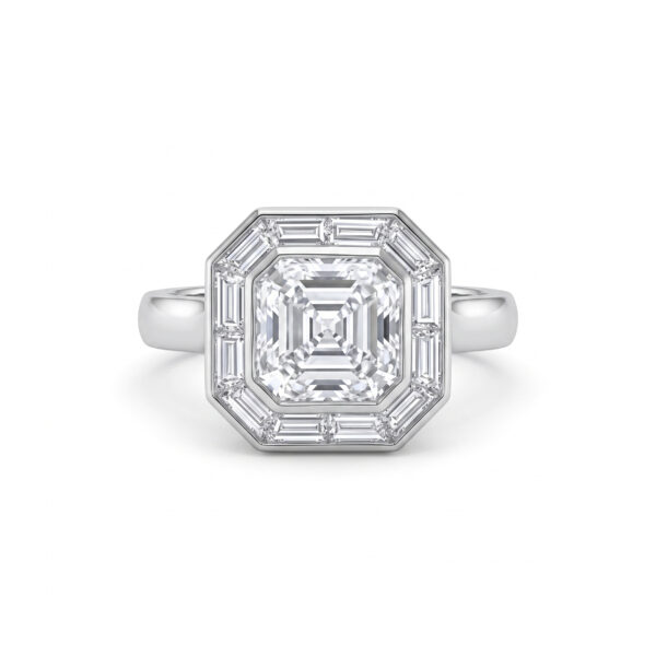 Asscher-Cut Diamond Engagement Ring in Platinum with Custom-Cut Baguette Frame Custom Jewelry 3
