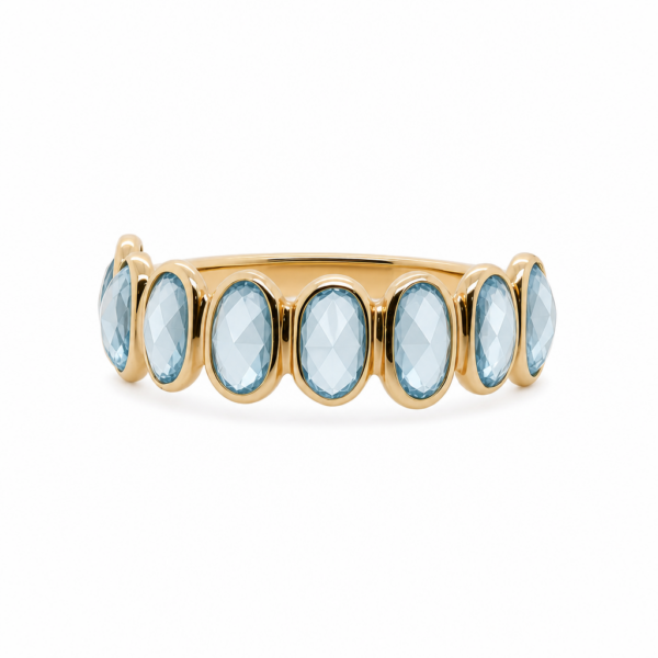 Oval Rose-Cut Blue Topaz Seven-Stone Ring in 14k Yellow Gold with Pavé Diamond Shank Eternity Bands 3
