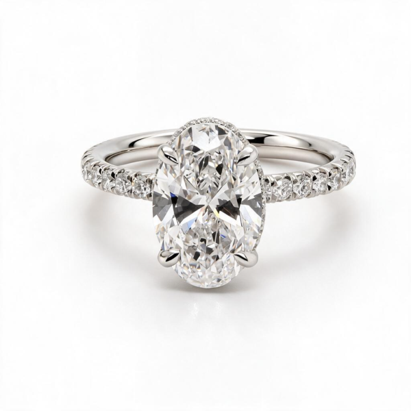 Oval-Cut Diamond Engagement Ring in Platinum with Wraparound Hidden Halo and Pavé Band Custom Engagement Rings 3